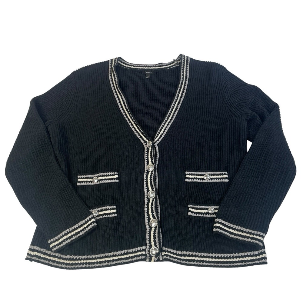 Talbots‎ Black Cream stripe cardigan 100% cotton preppy  grandma